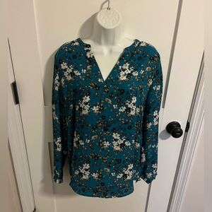 Adrianna Papell teal floral long sleeve blouse - size medium